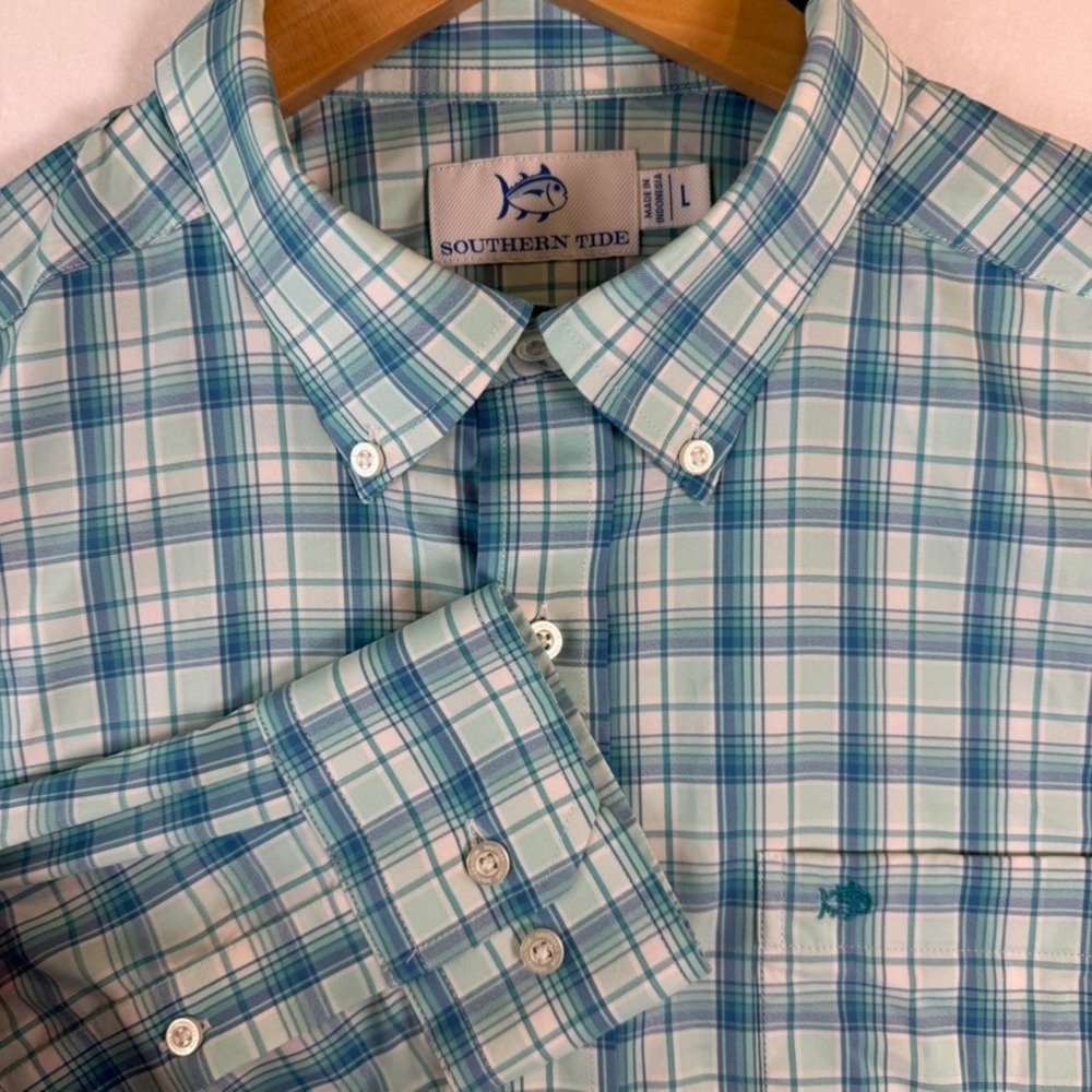 Southern Tide Mens Blue Plaid brrr Performance Long Sleeve Button Down Shirt L